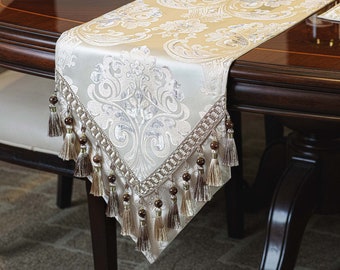 Seville Table Runner- Luxury Table Runner with Tassels for Table Decoration- Beige Table Runner 13x72"/90"/108"/120"