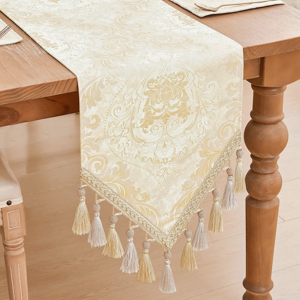 Vienna Table Runner- Luxury Table Runner with Tassels for Table Decoration- Light Gold Table Runner 13x72"/90"/108"