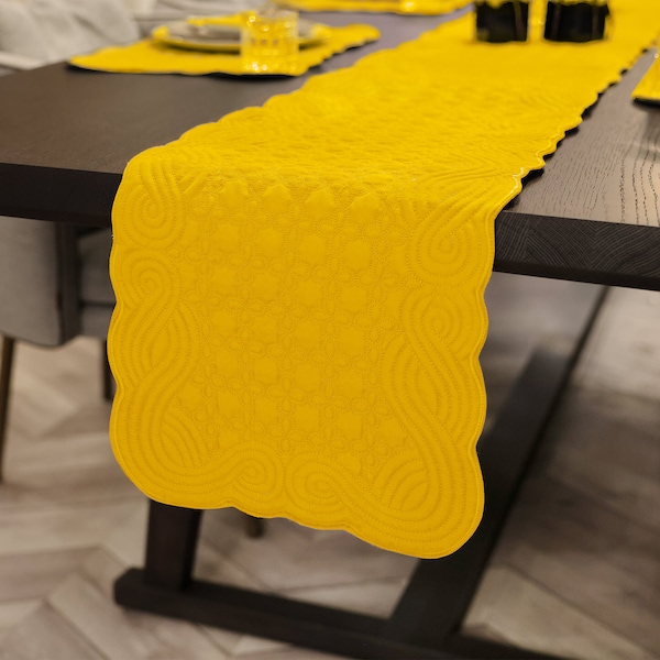 Quilted Table Runner- Solid Table Runner for Holiday Table Decoration - 13x72" Table Runner Yellow/ Red/ Light Blue/ Lighy Gray