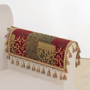 Loong Armrest Covers- Patchwork Furniture Slipcovers with Tassels- Red Armrest Cover Set of 2