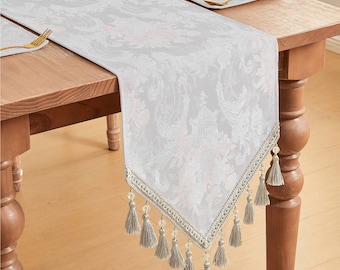 Oslo Table Runner- Jacquard Table Runner with Tassels for Table Decoration- Light Gray Table Runner 13x72"/90"/108"