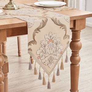 Mika Table Runner- Damask Table Runner with Tassels for Table Decoration- Khaki Table Runner 13x72&quot;/90&quot;/108&quot;