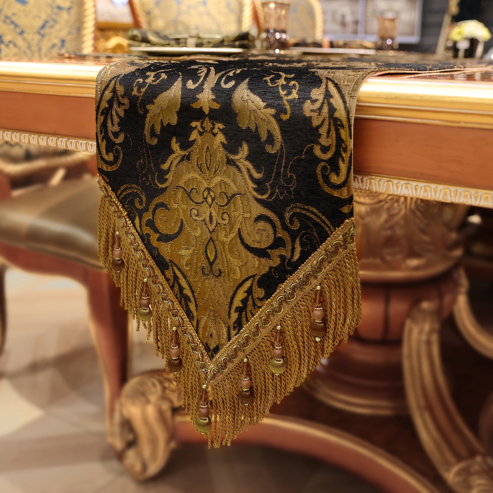 Black Florence Table Runner Luxury Table Runner With Tassels Etsy