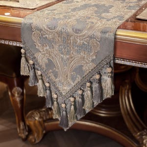 Empress Table Runner- Luxury Table Runner with Tassels for Table Decoration- Light Gray Table Runner 13x72"/90"/108"/120"