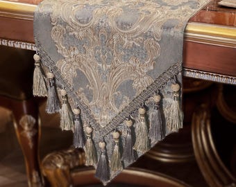 Empress Table Runner- Luxury Table Runner with Tassels for Table Decoration- Light Gray Table Runner 13x72"/90"/108"/120"