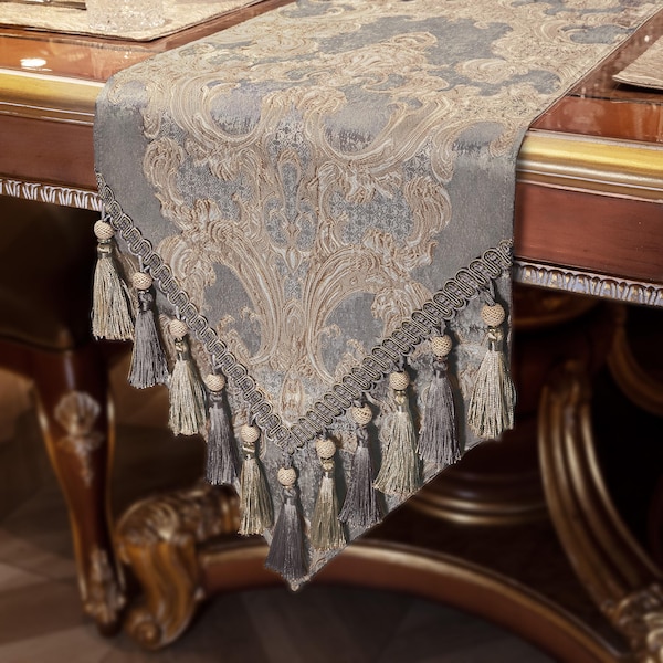 Empress Table Runner- Luxury Table Runner with Tassels for Table Decoration- Light Gray Table Runner 13x72"/90"/108"/120"