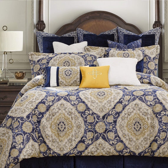 Malta Comforter Set 12 13 Pcs Luxury Damask Bedding Set Bed in a Bag Queen King Navy Blue Comforter With Pillows Etsy