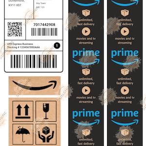 May include: A collection of shipping labels and branding stickers featuring an Amazon shipping label with a QR code and barcode, brown cardboard-style labels with fragile handling icons, and two vertical black strips with Amazon Prime logos.