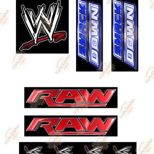 May include: A collection of adhesive decals featuring the white WWE logo, two blue and silver Smackdown logos, two red and silver Raw logos, and four smaller white WWE logos, all presented on a black background with a repeating watermark.