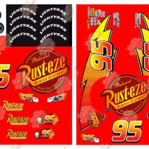 May include: A set of red, yellow, and black adhesive decals featuring the number 95, the Rust-eze logo, lightning bolt graphics, and tire lettering. The stickers include various sizes of logos, headlight and taillight designs, and blue eye graphics.