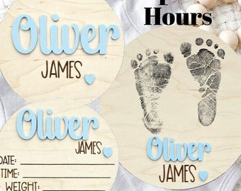 Custom Baby Arrival Announcement Sign, Baby Name with Birth Stats, Footprint Baby Sign, Name Reveal Sign, Baby Sign for Hospital