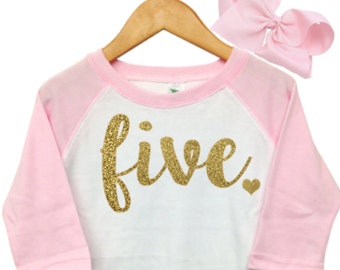 Girls Fifth Birthday Outfit, 5th Birthday Shirt Girl, Pink and gold 5th birthday outfit, Five Shirt, 5th Birthday Girl Outfit,Pink Raglan