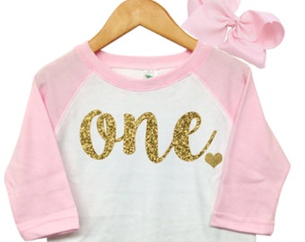 One Shirt, Girls First Birthday Outfit, First Birthday Shirt, Pink and gold  birthday outfit, 1 Shirt, 1st Birthday Girl Outfit,Pink Raglan