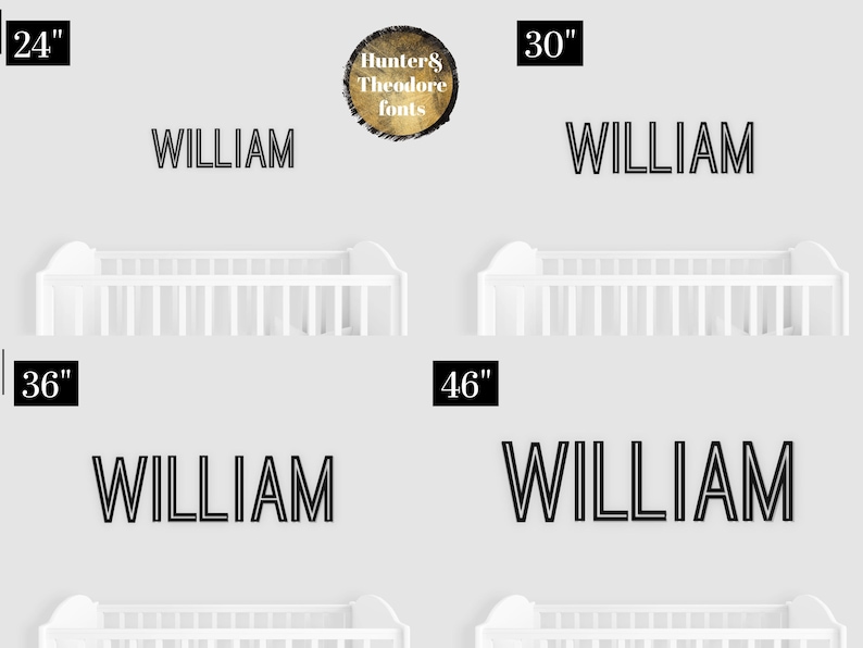 May include: Four white crib rails with the name "WILLIAM" printed in black above each rail. The rails are labeled with measurements in inches: 24", 30", 36", and 46".