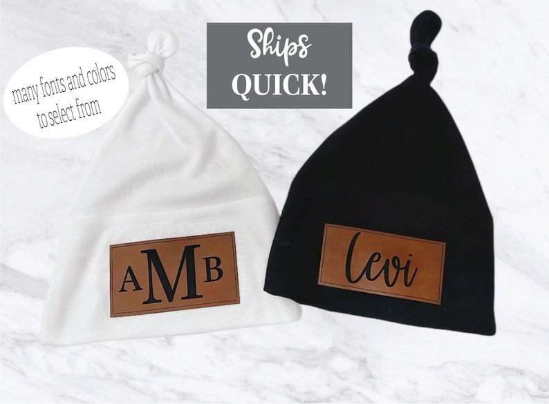 Baby Boy Newborn Hat with name ,Newborn Boy Hat with Leather Patch, Baby Boy Gift, Baby Boy Monogrammed Hat ,Baby Shower Gift, Custom Beanie