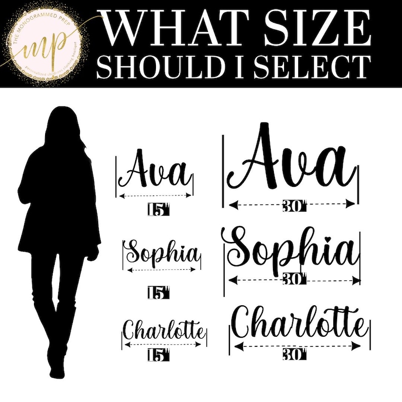 May include: A black silhouette of a person standing next to a chart showing different sizes for personalized names. The names Ava, Sophia, and Charlotte are shown in two sizes: 15 inches and 30 inches.
