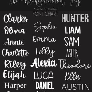 May include: A font chart with a black background and white text. The chart shows different fonts for names, including Clarks, Olivia, Sophia, Liam, Annie, Emma, Sam, Charlotte, Lilly, Asher, Riley, Alexia, Theodore, Elijah, Luca, Ella, Harper, Daniel, Austin, Smiths, Jake, and Johnston.