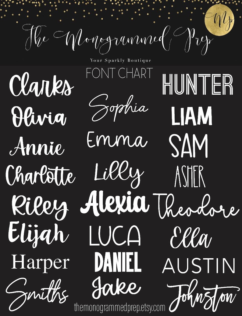 May include: A font chart with a black background and white text. The chart shows different fonts for names, including Clarks, Olivia, Sophia, Liam, Annie, Emma, Sam, Charlotte, Lilly, Asher, Riley, Alexia, Theodore, Elijah, Luca, Ella, Harper, Daniel, Austin, Smiths, Jake, and Johnston.