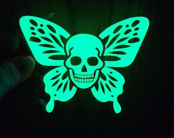 Glow in the Dark Holographic Creepy Skull Butterfly Vinyl Decal Sticker Car Laptop Journal