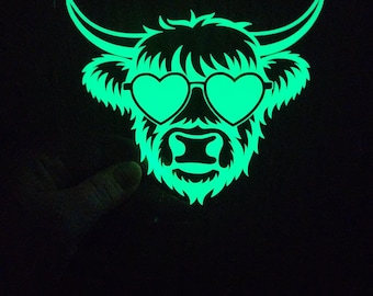 Holographic Glow in the Dark Highland Cow with Heart Sunglasses Vinyl Decal Sticker Laptop Car Journal Tumbler