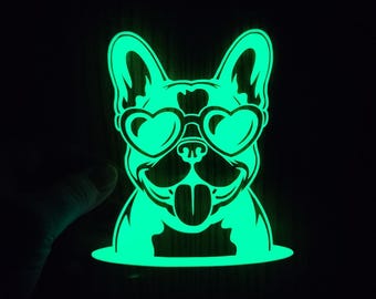 Glow in the Dark Holographic French Bulldog with Heart Glasses Vinyl Decal Sticker Car Laptop Journal