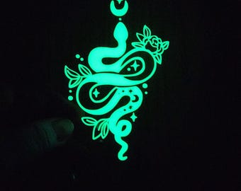 Glow in the Dark Holographic Witchy Celestial Mystical Snake and Moon vinyl Decal Sticker Car Laptop Journal