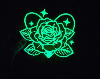 Glow in the Dark Holographic Tattoo Heart Rose Vinyl Decal Sticker Car Laptop Journal Tumbler