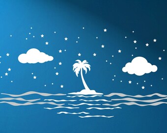 Palm Tree Wall Decal Tropical Island Wall Decal Palm Tree Decor Wave Wall Decal Wave Decor Ocean Wall Decal Beach Wall Decal Living Room