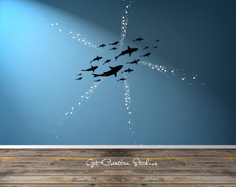 Ceiling Shark Decal From Below Shark Wall Decal Shark Decal Underwater Decal Aquarium Scene Decal Bubbles Wall Decal Ocean Decal Diving image 1