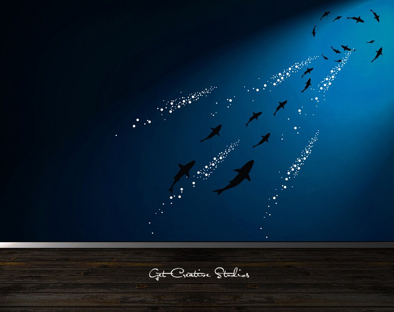 Ceiling Shark Decal From Below Shark Wall Decal Shark Decal Underwater Decal Aquarium Scene Decal Bubbles Wall Decal Ocean Decal Diving image 6