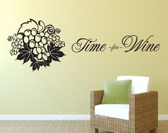 Wine Decal Vino Cafe Vineyard Home Decor Wine Decal Red Drink Vine Time for Wine Text Grape Leaves Script Letters Relax Wall Decal