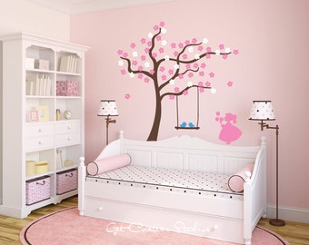 Tree Decal Flower Girl Wall Decal Cherry Blossom Swing Spring Girls Room Blue Pink Brown Cute Playful Bedroom Playroom Small Child