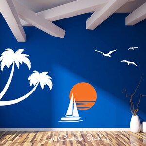 Nautical Decal Tropical Wall Sticker Sailboat Birds Palm Tree Sunset Island Ocean Vacation Sailing Tropics Warm Orange White Sticker image 1