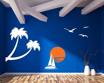 Nautical Decal Tropical Wall Sticker Sailboat Birds Palm Tree Sunset Island Ocean Vacation Sailing Tropics Warm Orange White Sticker