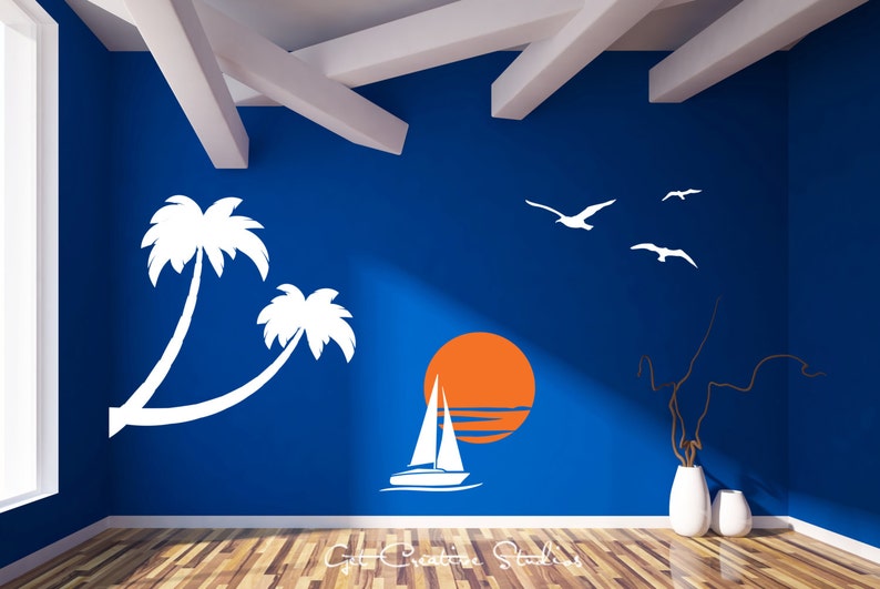 Nautical Decal Tropical Wall Sticker Sailboat Birds Palm Tree Sunset Island Ocean Vacation Sailing Tropics Warm Orange White Sticker image 1