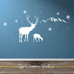 Winter Wall Decal Deer Decal Mountain Wall Decal Wildlife Decor Christmas Decal Log Cabin Decal