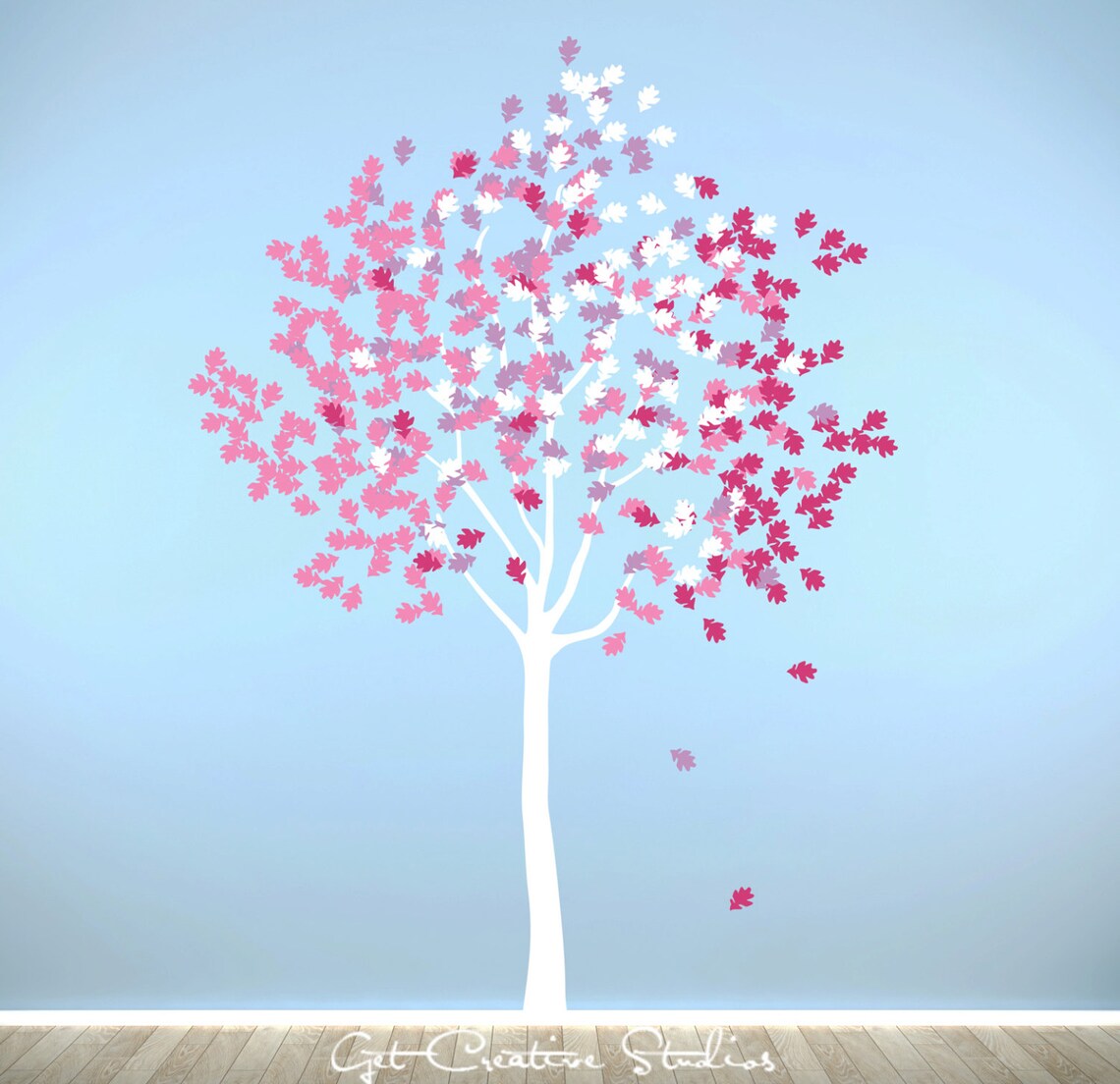 Pink Tree Wall Decal Tree Branch Wall Decal White Leaves Leaf Etsy