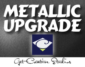May include: A graphic design featuring the white text METALLIC UPGRADE on a dark gray brushed metal background. Below the text is a dark blue square containing a white diamond shape with a stylized letter C and a small lime green triangle.
