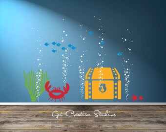 Ocean Wall Decal Bubbles Decal Treasure Chest Wall Decal Aquarium Wall Decal Fish Decal Kid Room Sea Life Decal Water Decal Crab Decal