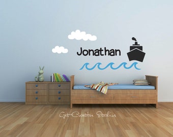 Boat Decal Ocean Tug Nautical Boys Clouds Sea Float Captain Vessel Ship Decal Text Wall Sticker