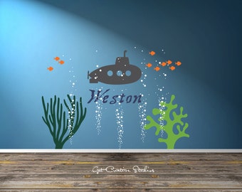 Blue Ocean Wall Decal Custom Name Decal Sea Diver Decal Aquarium Decal Bubble Wall Decal Ocean Decal Sea Life Decal School of Fish Decal