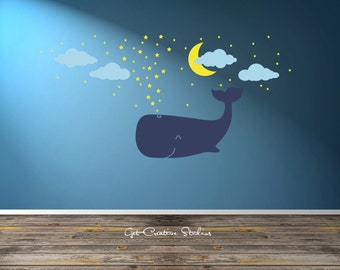 Nursery Wall Decal Sleepy Whale Wall Decal Night Wall Decal Whale Wall Decal Moon and Stars Wall Decal Stars Wall Decal Decal Baby Wall