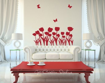 Floral Decal Flower Wall Decal Butterfly Decal Field Red Tulips Romantic Flowers Artist Statement Blooms Florist, Arrangement