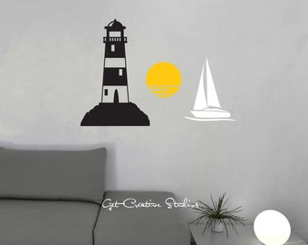 Lighthouse Wall Decal Sailboat Sunset Wall Decal Ocean Scene Decal Sailboat Sticker Nautical Decal Beach Decal Ocean Decor Beach House Decor