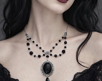Handmade Gothic Black Beaded Necklace: Victorian Jewelry
