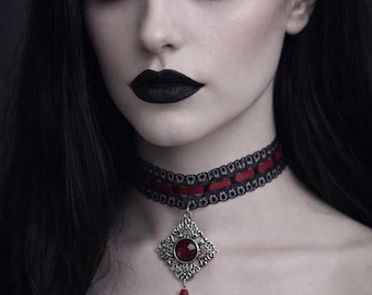 RED LACE CHOKER, Choker Necklace, Gothic Choker, Elegant Choker, Pendant Choker, Victorian Choker, Adjustable Choker, Various Sizes