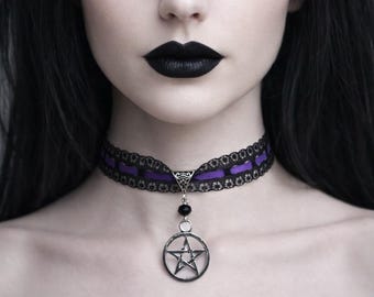 Pentagram Choker, Purple and Black Lace, Pagan Wiccan Jewelry