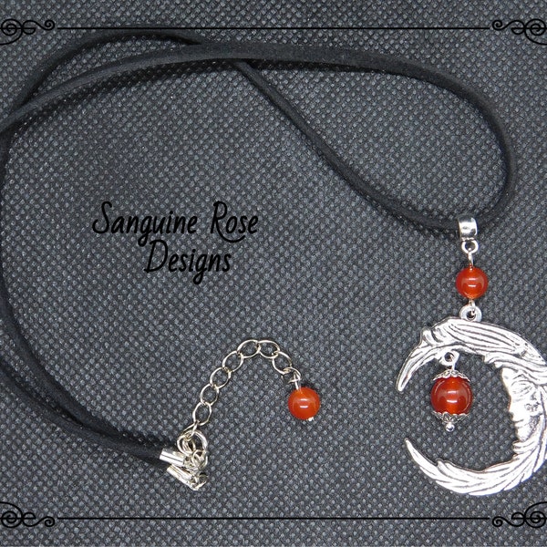 CARNELIAN MOON CHOKER Necklace, Super Blood Wolf Moon Pendant, Gemstone Moon Jewellery, Pagan Wicca Unique Necklace