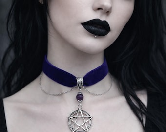 Amethyst Pentagram Velvet Choker, Gothic Wicca Necklace
