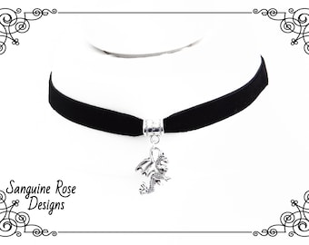 DRAGON CHARM CHOKER Necklace, Dainty Black Velvet Dragon Choker, Folklore Choker, Mythical Choker, Handmade, Adjustable, Various Sizes